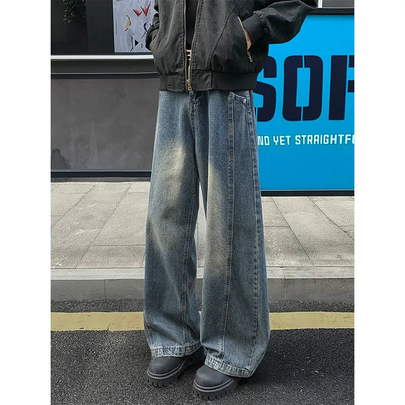 Men Mid Waist Vintage Washed Wide Leg Jeans