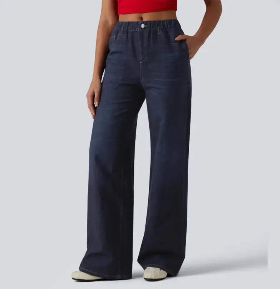High Waist Faux Denim Wide Leg Trousers, Stretchy Elastic Waist Casual Pants