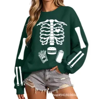 Halloween Skeleton Food Print Crew Neck Sweatshirt
