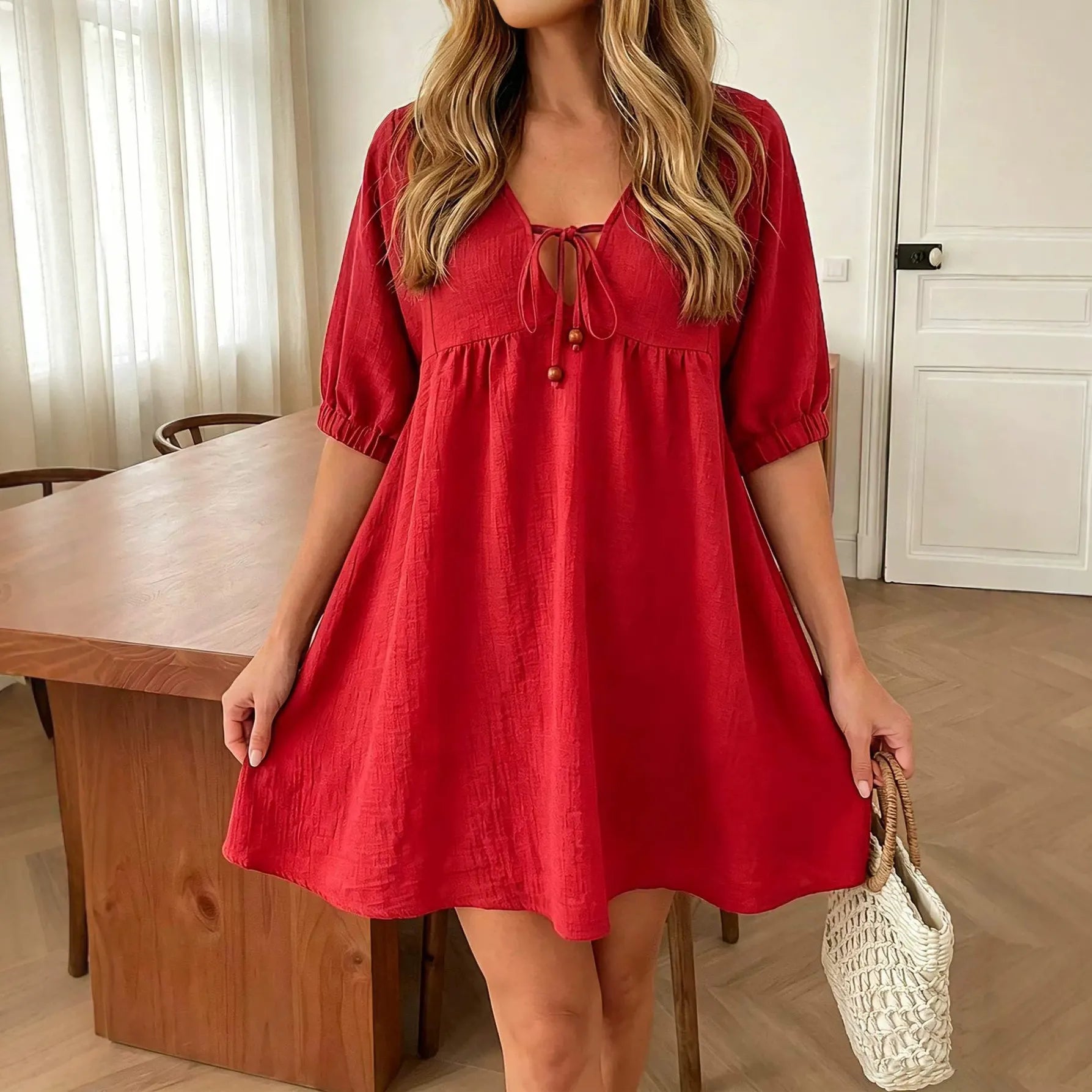 Lace-Up V-Neck Puff Sleeve A-Line Mini Dress
