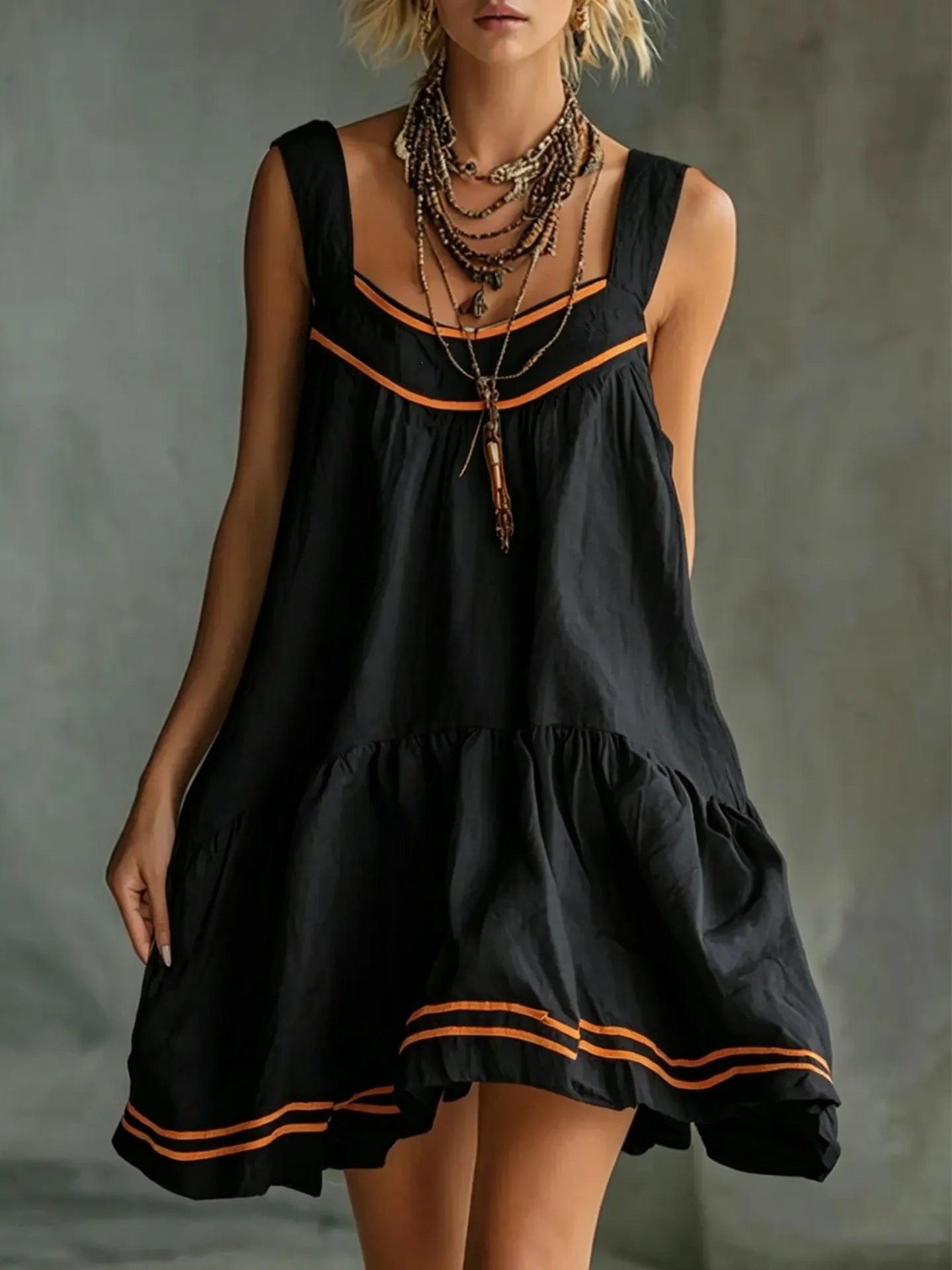 Color Stripe U-Neck Sleeveless Loose Tiered Ruffle Mini Sundress