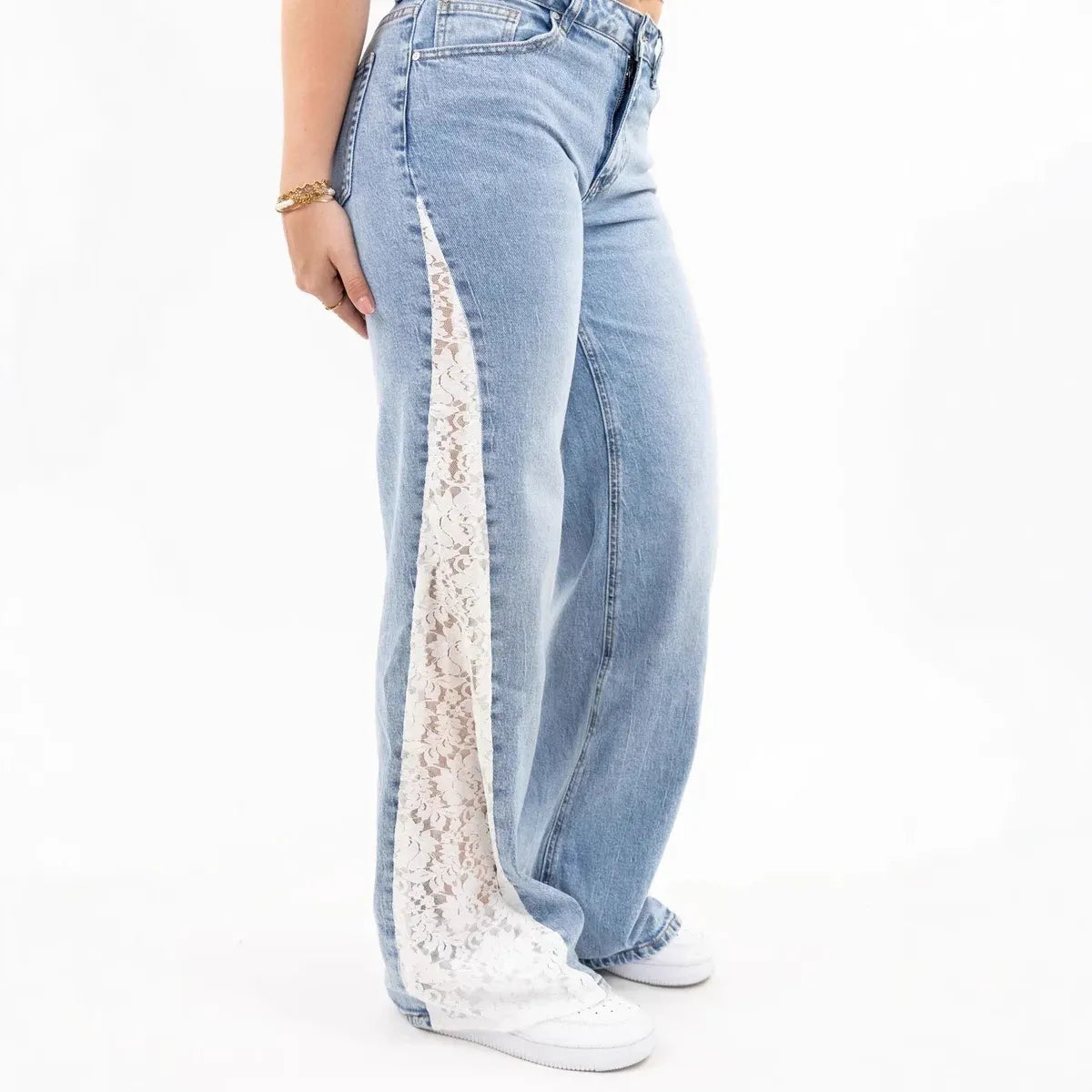 Mid‑Waist Lace Spliced Flare Jeans