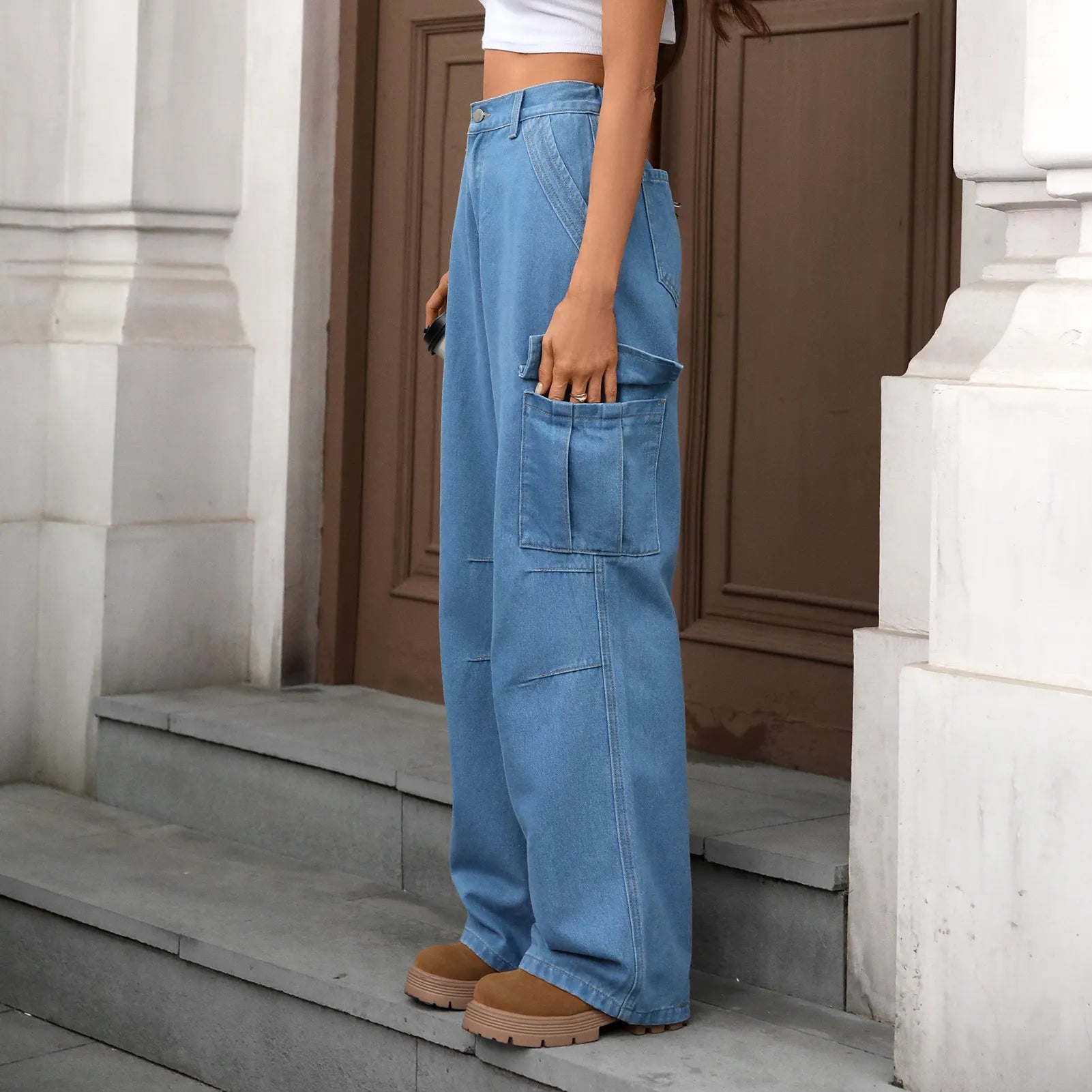 Mid-Rise Solid Color Denim Wide Leg Cargo Workwear Jeans