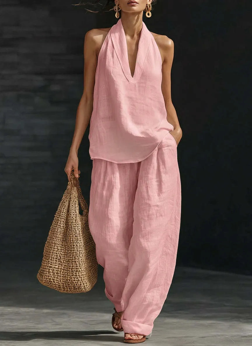 Halter Sleeveless Top & Wide Leg Pants Two Piece Casual Set