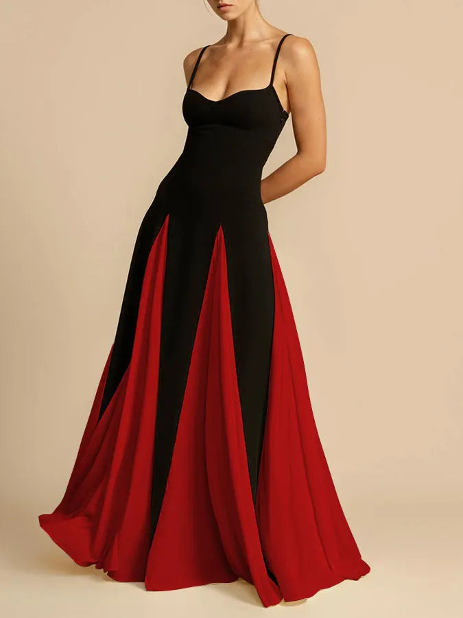Black & White Contrast Spaghetti Strap High-Waisted A-Line Maxi Dress