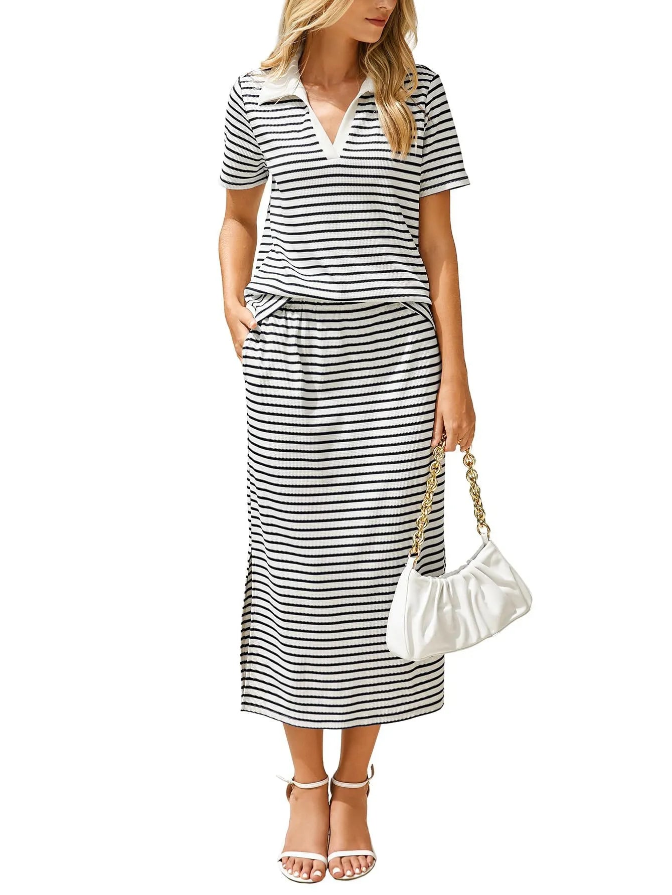 Striped Polo Neck Top and Midi Skirt Set