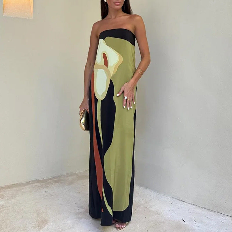 Calla Lily Print Strapless Straight Maxi Dress