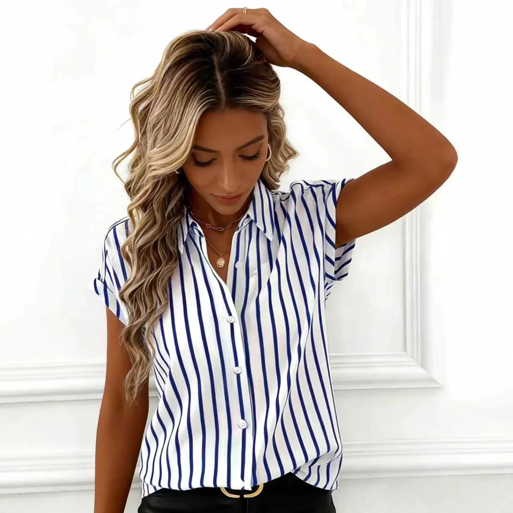 Vertical Stripe Cuffed Short Sleeve Shirt