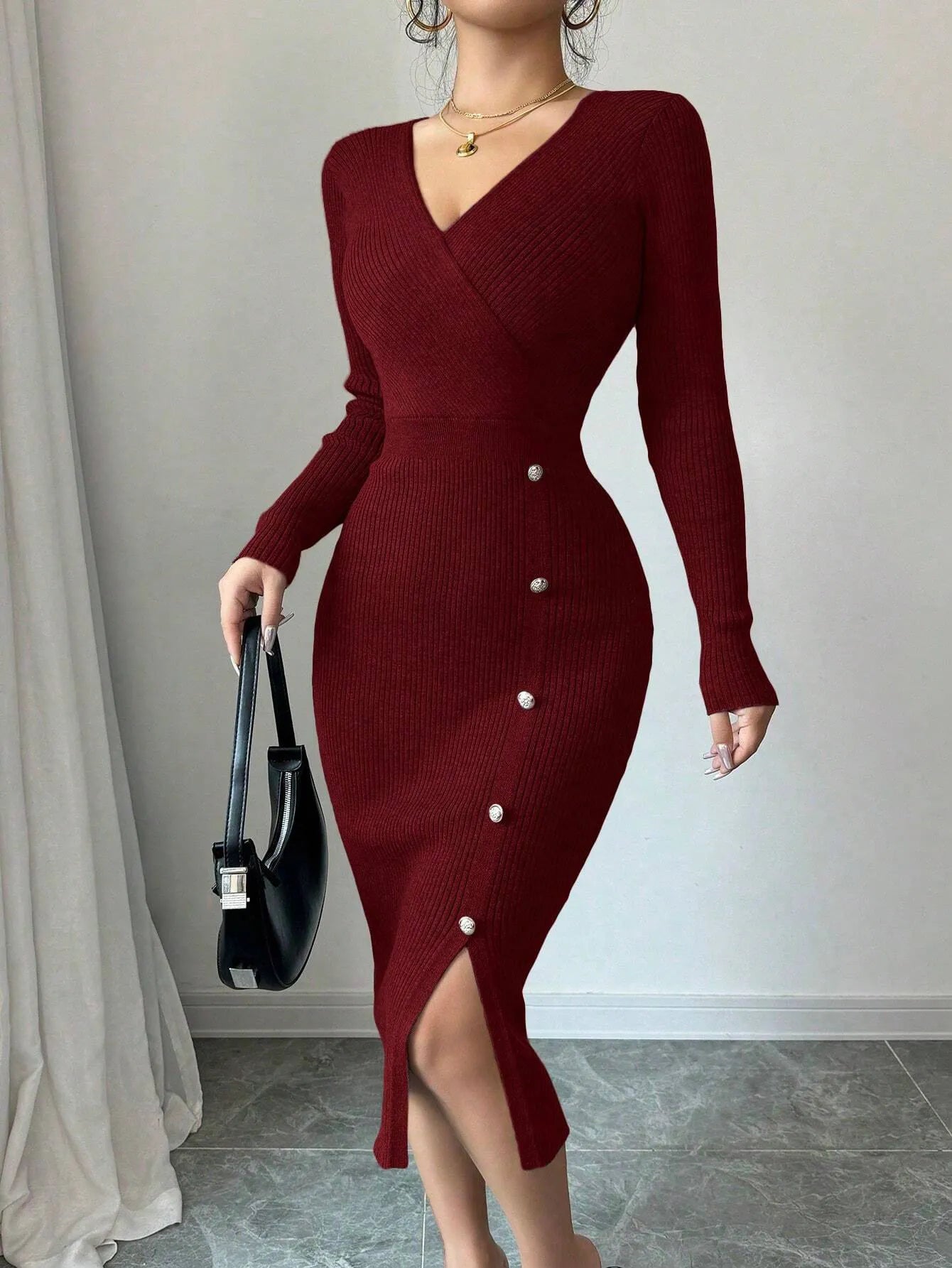 V‑Neck Button Slit Long Sleeve Knit Midi Dress