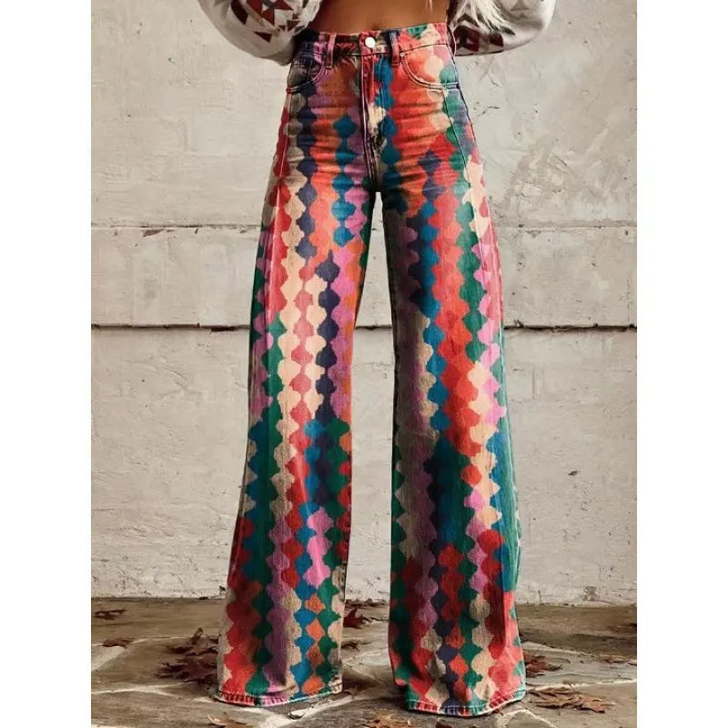 High Waist Western Cowboy Horse Print Wide Leg Pants