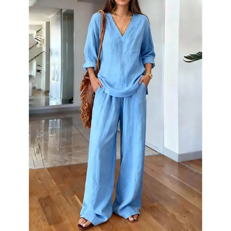 Solid V-Neck Long Sleeve Top & Wide Leg Pants Two-Piece Set
