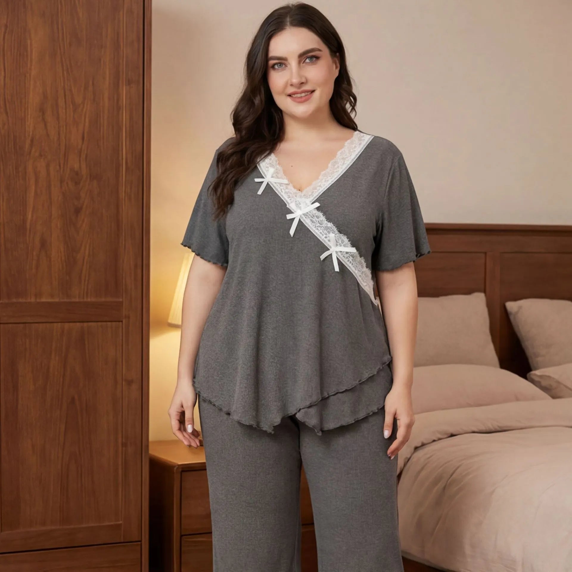 Curvy Ladies 2 Piece Sleepwear, Black Wrap Style Lace Trim Short Sleeve Top & Wide Leg Pants Pj Set