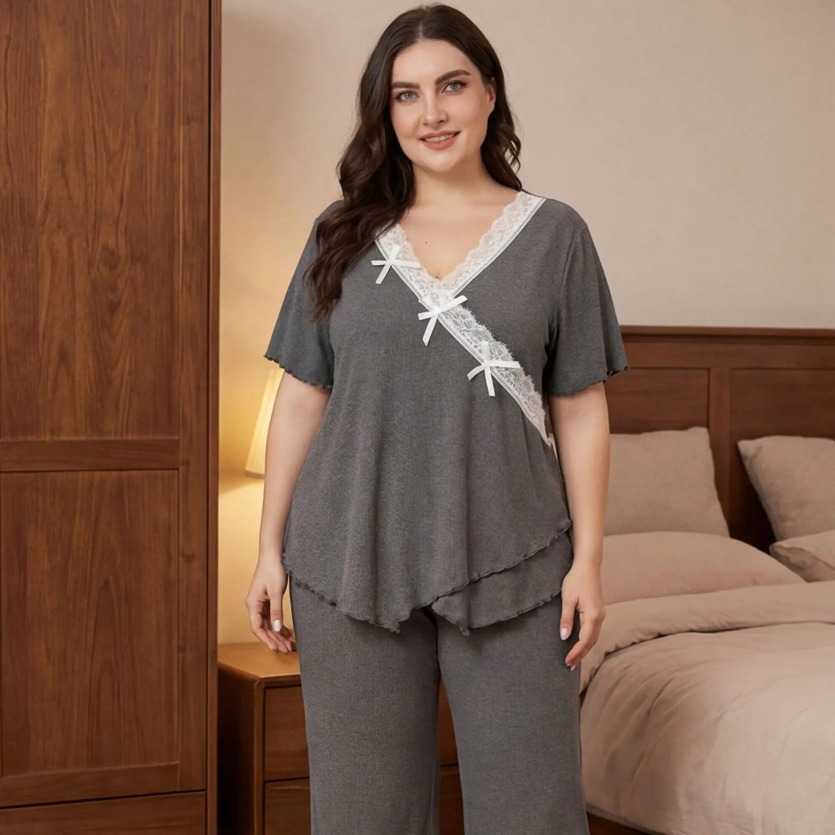 Curvy Ladies 2 Piece Sleepwear, Black Wrap Style Lace Trim Short Sleeve Top & Wide Leg Pants Pj Set