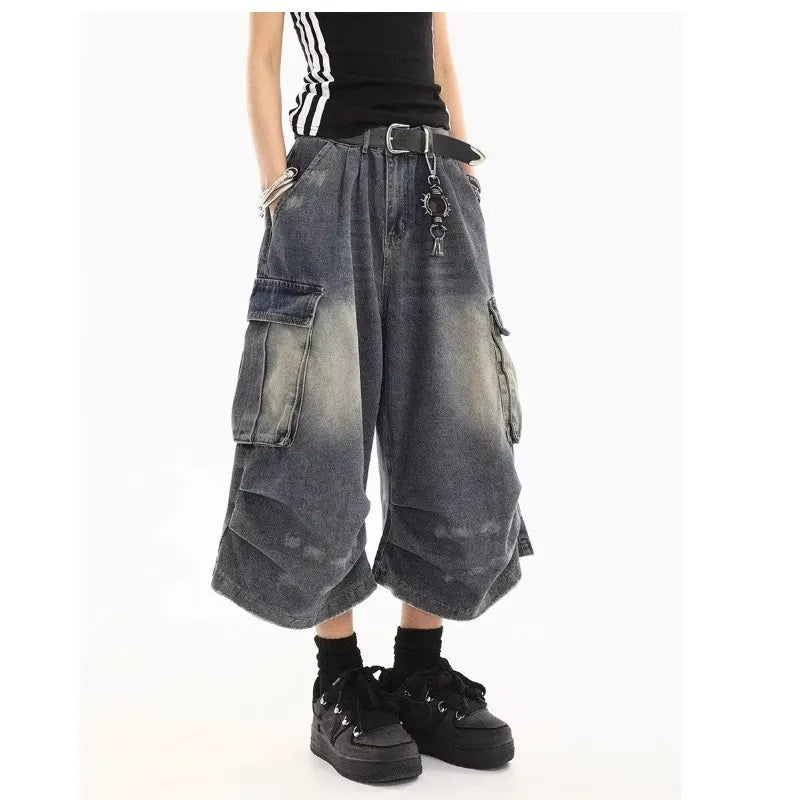 Multi Cargo Pocket Gradient Washed Cropped Baggy Jeans