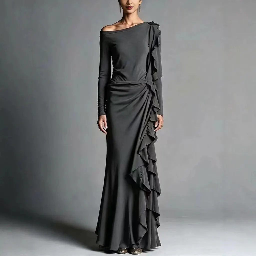 White Off Shoulder Long Sleeve Mermaid Maxi Dress With Cascading Ruffles