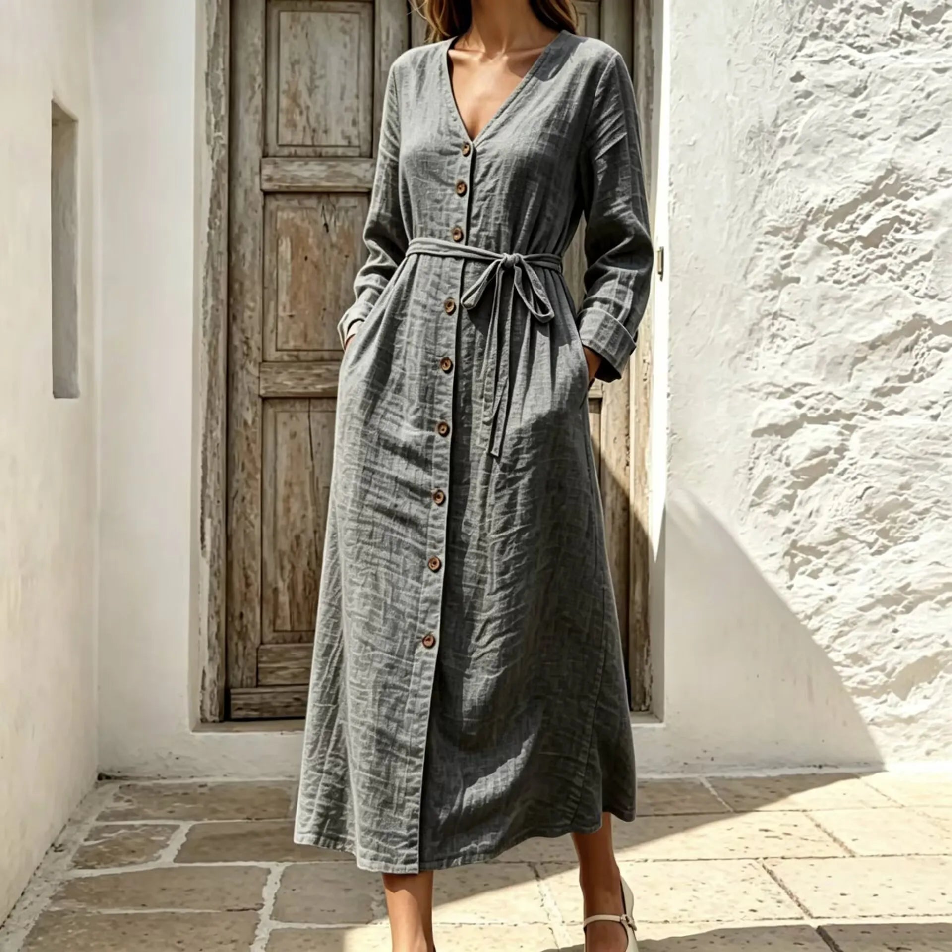 V Neck Long Sleeve Lace-Up Cotton Linen A-Line Maxi Dress