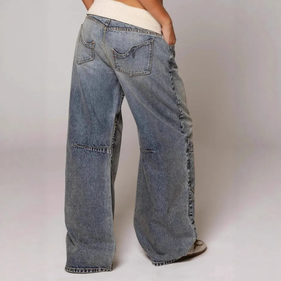 Curved Stitch Patchwork Baggy Washed Jeans