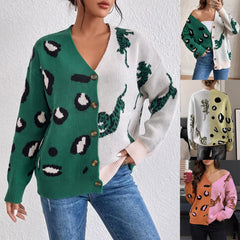 Color Block Leopard Tiger Print Knit Cardigan V Neck Button Down Oversized Sweater Coat