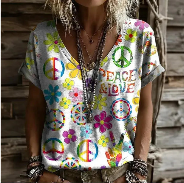 3D Color Block Print V Neck Rolled Short Sleeve Casual Tee