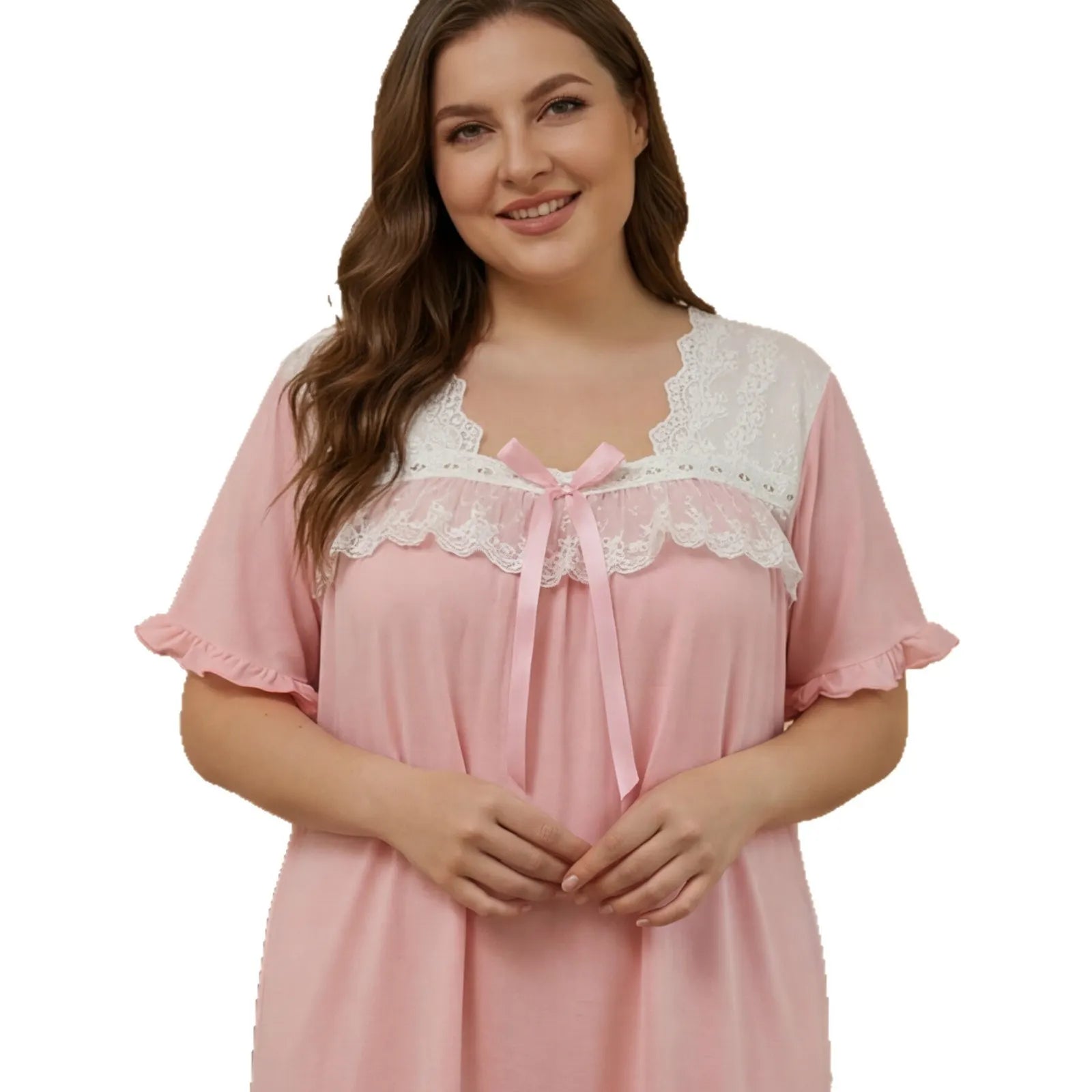 Oversized Pink Nightgown, Romantic Lace V-Neck Bow Decor Short Sleeve Maxi Sleep Dress