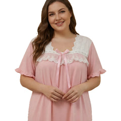 Oversized Pink Nightgown, Romantic Lace V-Neck Bow Decor Short Sleeve Maxi Sleep Dress