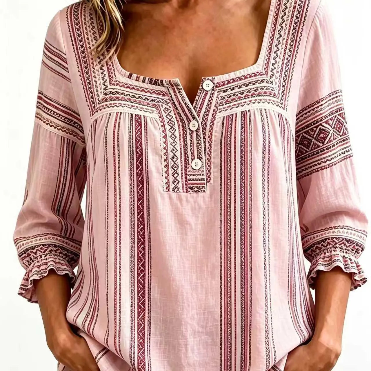 Plaid Square Neck Button Front Bubble 7/4 Sleeve Loose Casual Blouse