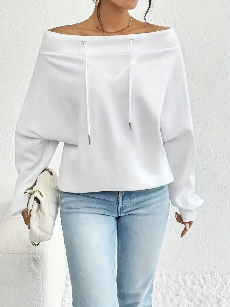 Off-the-Shoulder Dolman Sleeve Sweatshirt Drawstring Neck Top