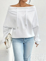 Off-the-Shoulder Dolman Sleeve Sweatshirt Drawstring Neck Top