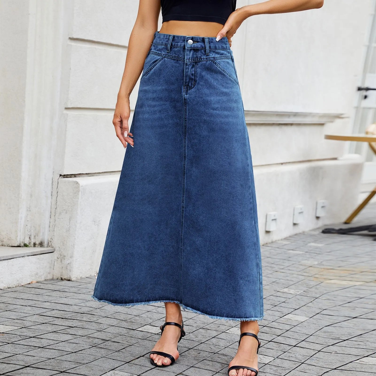 Raw Hem Denim Maxi Skirt