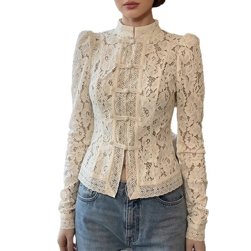 Stand Collar Floral Lace Bubble Long Sleeve Slim Fit Frog Button Blouse