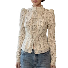 Stand Collar Floral Lace Bubble Long Sleeve Slim Fit Frog Button Blouse