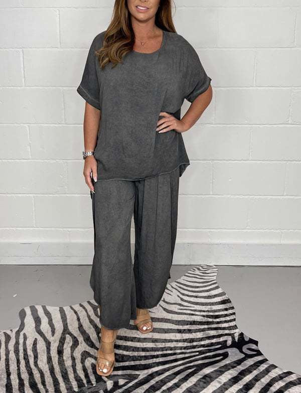 Solid Color Two-Piece Casual Loungewear Set (Top + Wide Leg Pants)