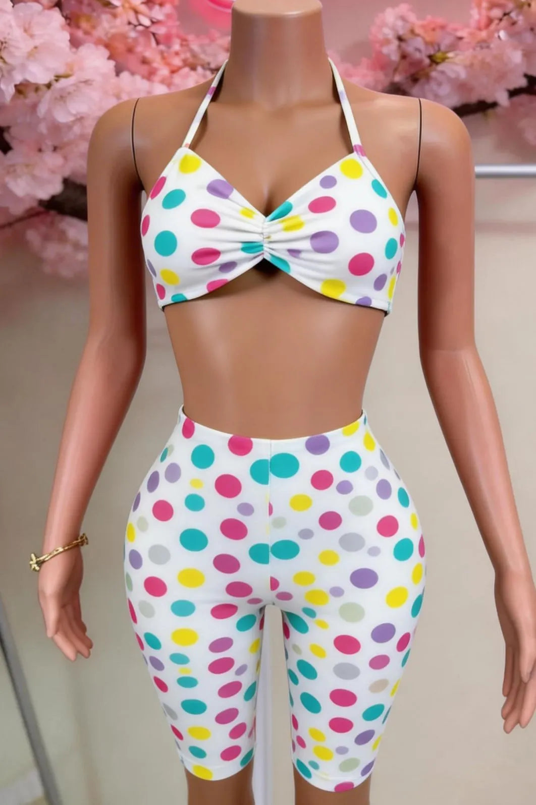 Polka Dot Halter Cutout Crop Top & Capri Pants Two Piece Set
