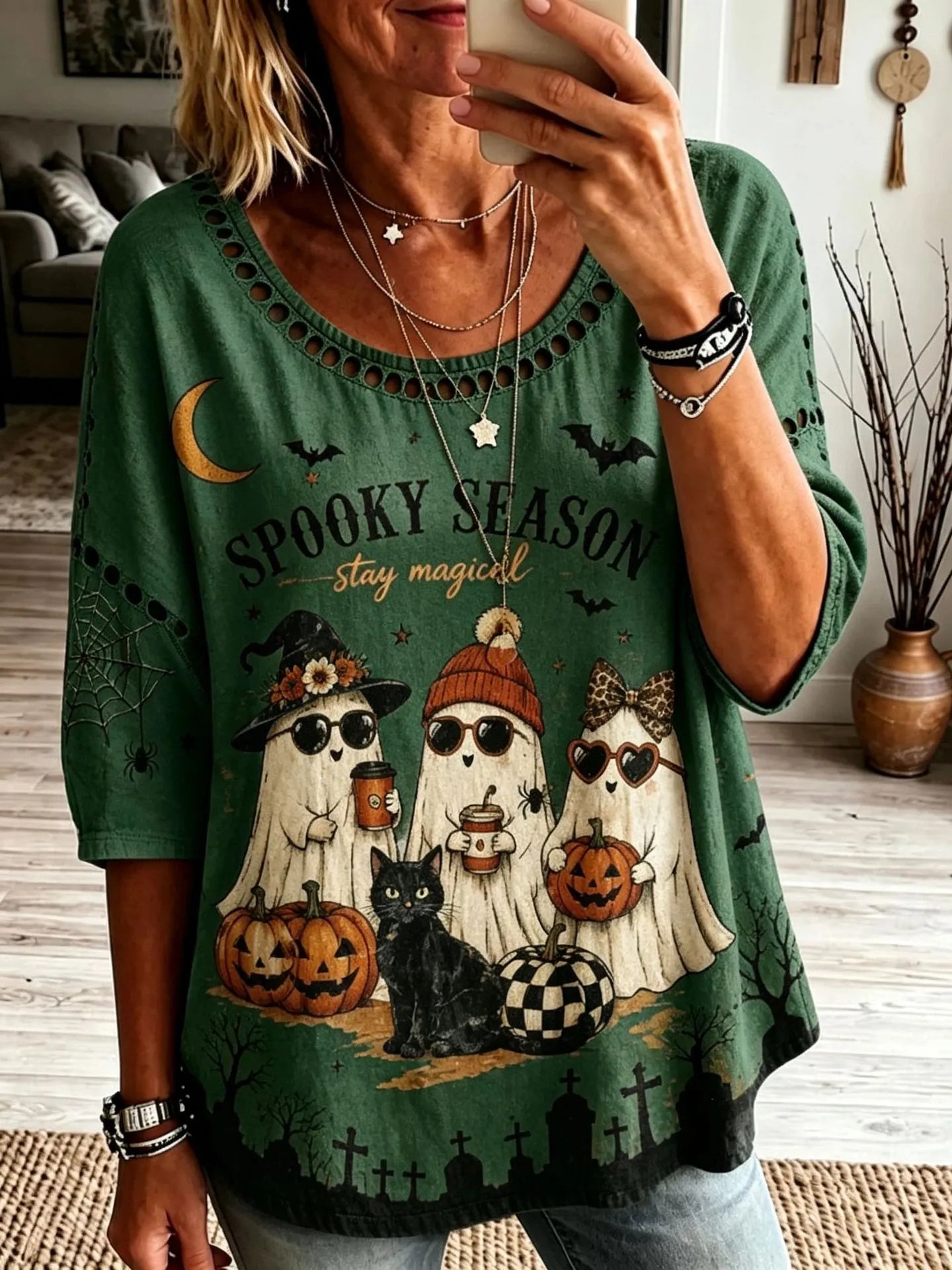 Halloween Spooky Season Ghost Pumpkin Print Crew Neck Short Sleeve T‑Shirt