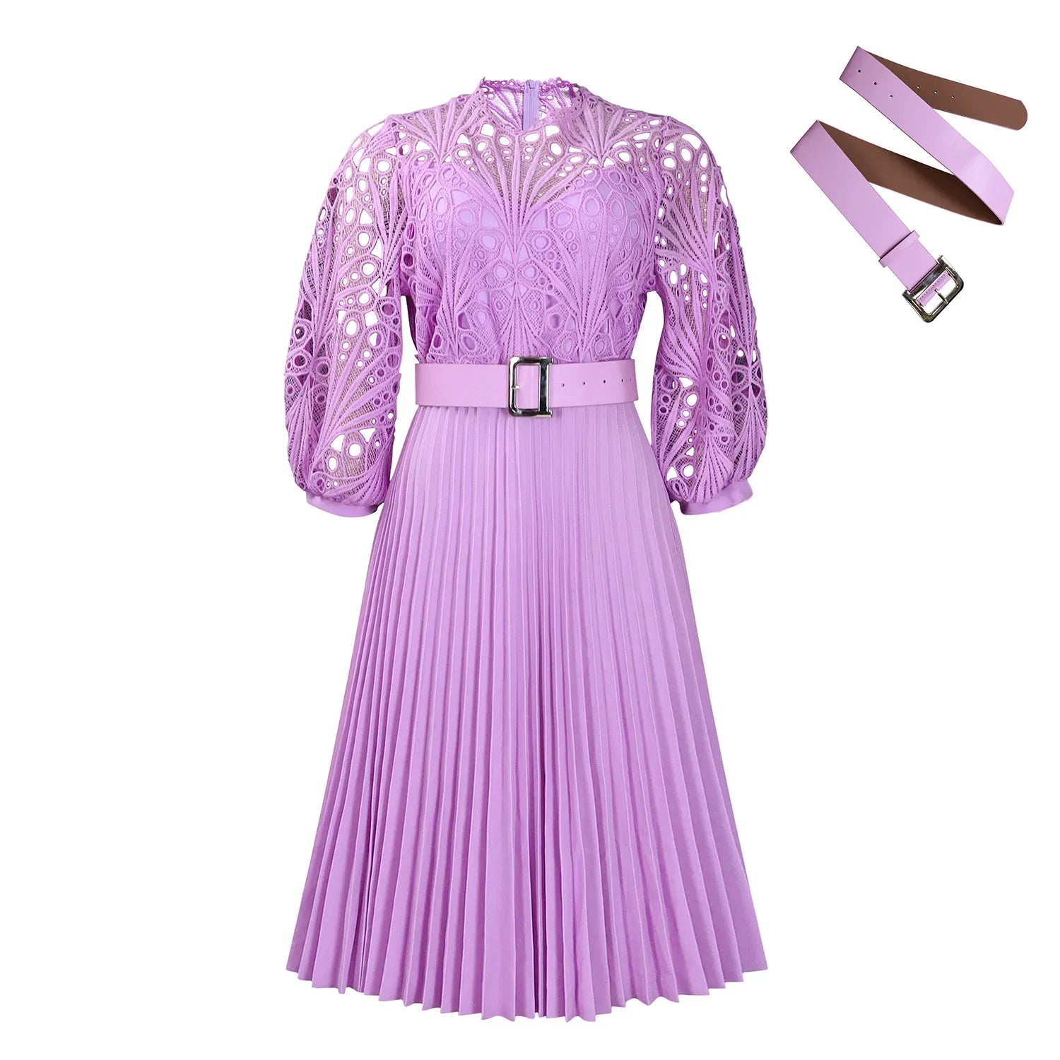 Lace Patchwork Pleated Midi Dress