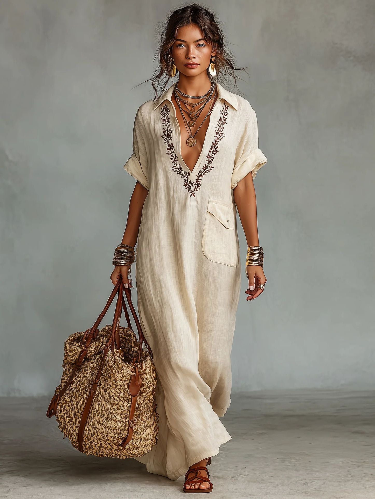 Bohemian Embroidered Linen Maxi Dress