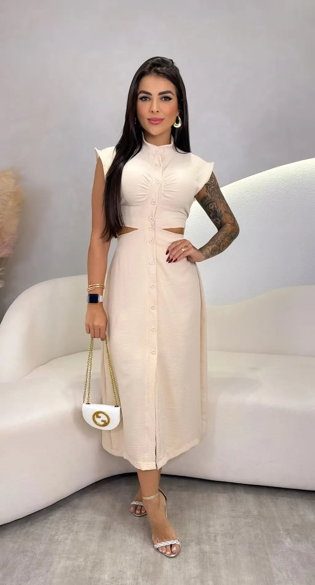 Apricot Stand Collar Cutout Button Midi Dress