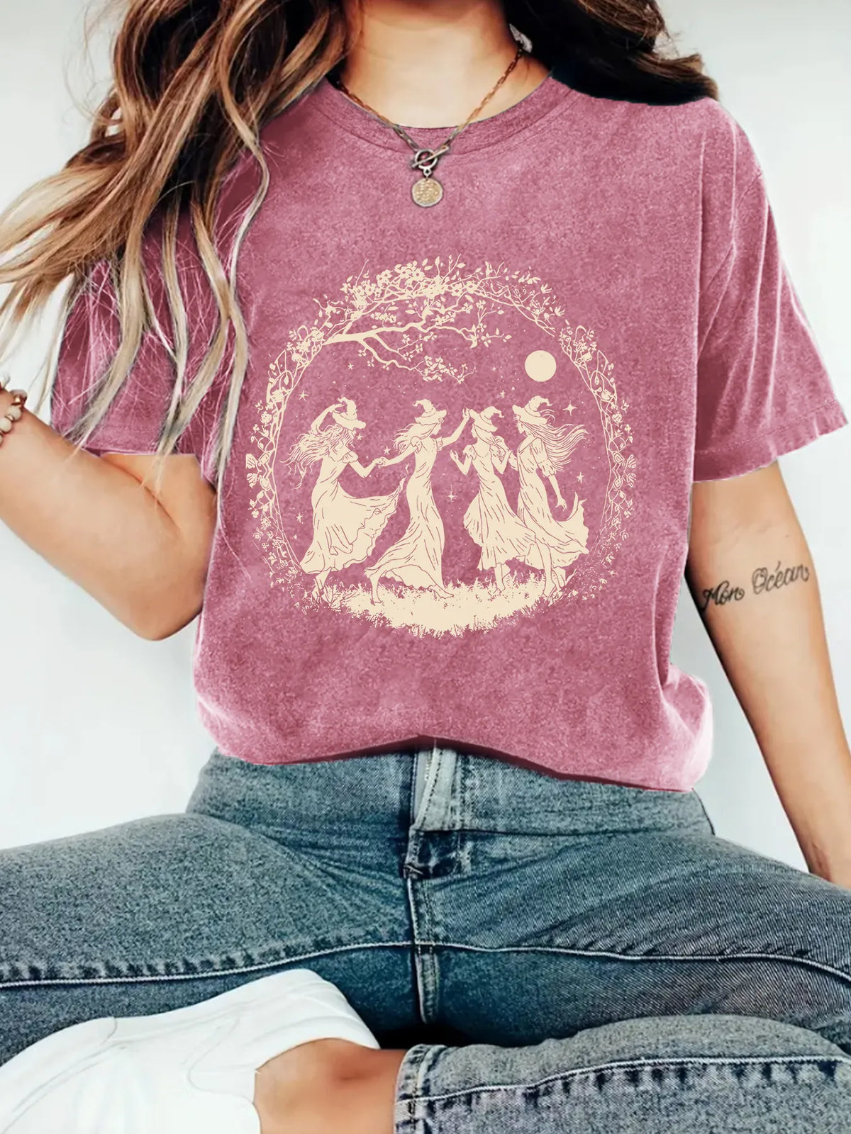 Halloween Witch Moon Floral Print Crew Neck Short Sleeve T‑Shirt