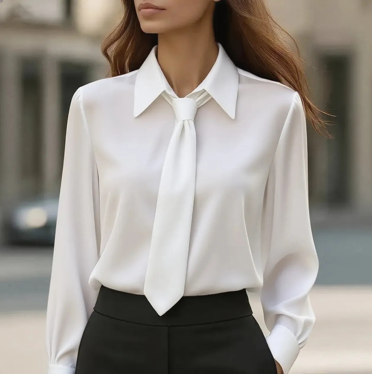 Lapel Tie Neck Solid Soft Satin Long Sleeve Commuter Blouse