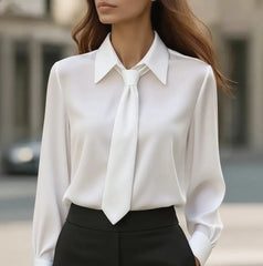 Lapel Tie Neck Solid Soft Satin Long Sleeve Commuter Blouse