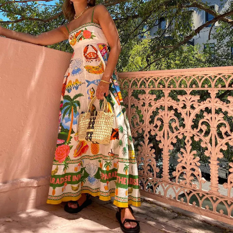 Whimsical Art Print Spaghetti-Strap Maxi Dress
