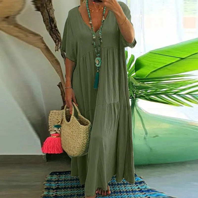 Solid Color V-Neck Short Sleeve Loose Tiered Maxi Dress