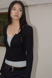 Contrast Long Sleeve Fake Two Slim Fit T-Shirts Tops