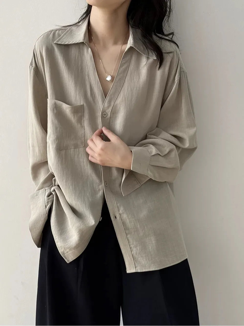 Tencel Pocket Oversized V Neck Shirt