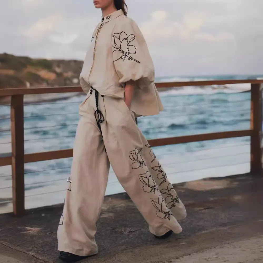 Womne's Floral Embroidery Linen Shirt & Wide Leg Pants 2 Piece Set