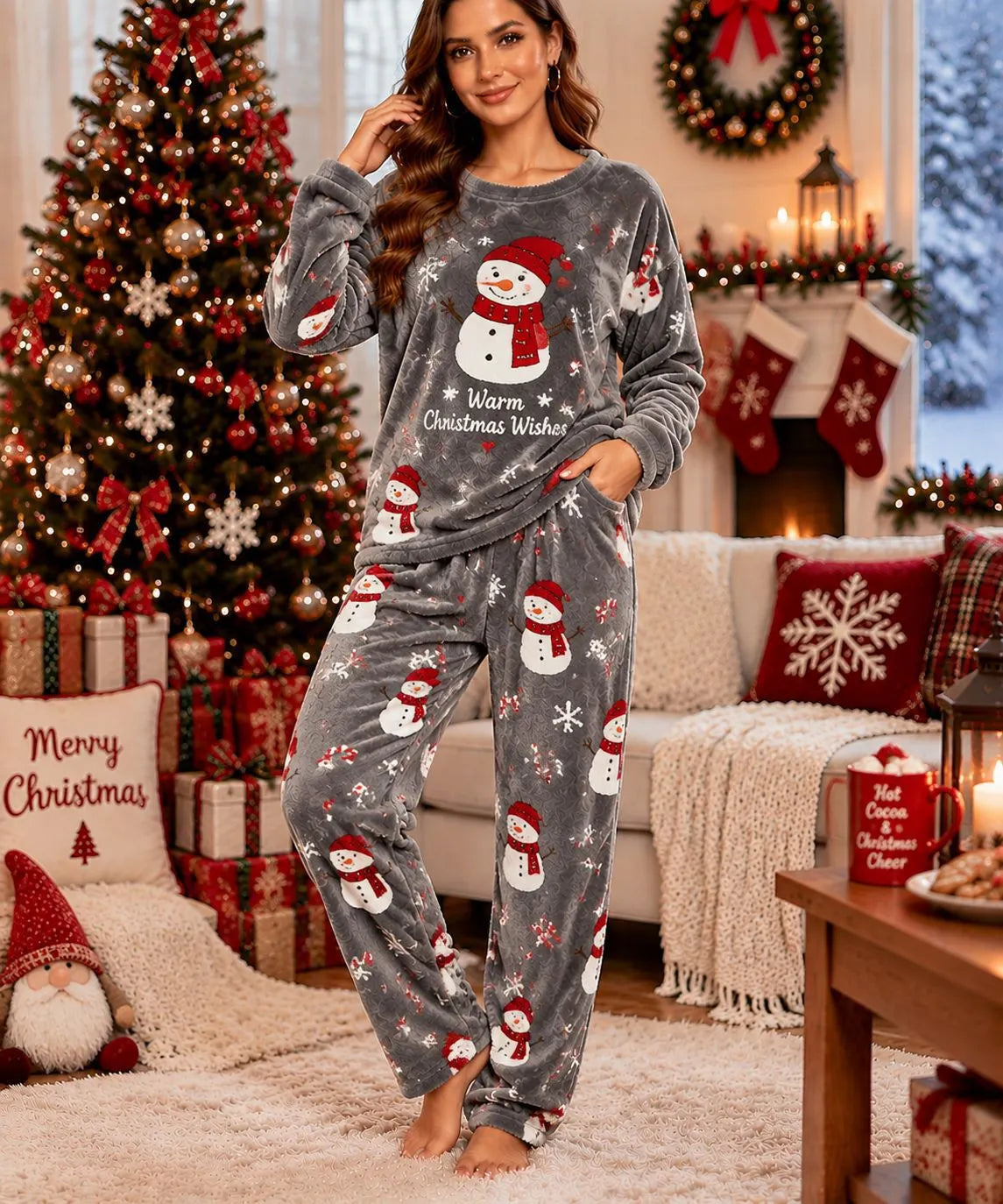 Cute Christmas Snowman Fleece Loungewear Set Round Neck Long Sleeve Top & Elastic Waist Full Length Pants