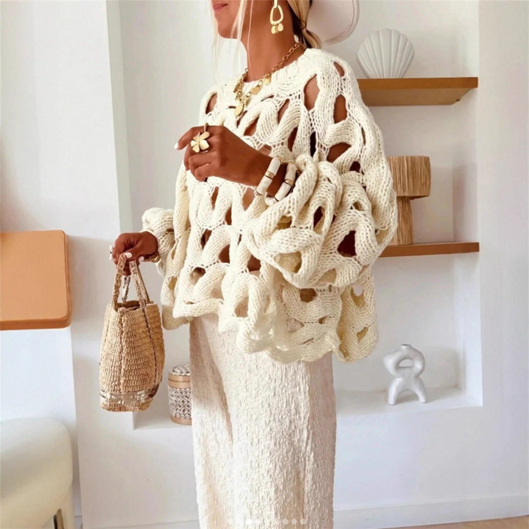 Openwork Hollow Knitted Jumper, Boho Lantern Sleeve Loose Fit Crochet Sweater