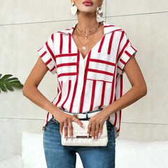 Striped Print V-Neck Batwing Sleeve Pocket Shirt