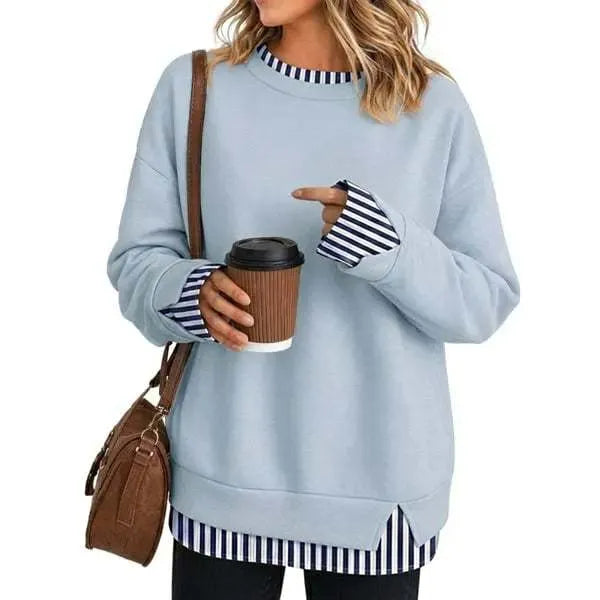 Fake Two Piece Sweatshirt, Black Base with Black White Stripe Cuff & Hem Detail