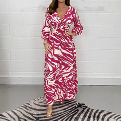 Abstract Print V-Neck Long Sleeve Maxi Dress